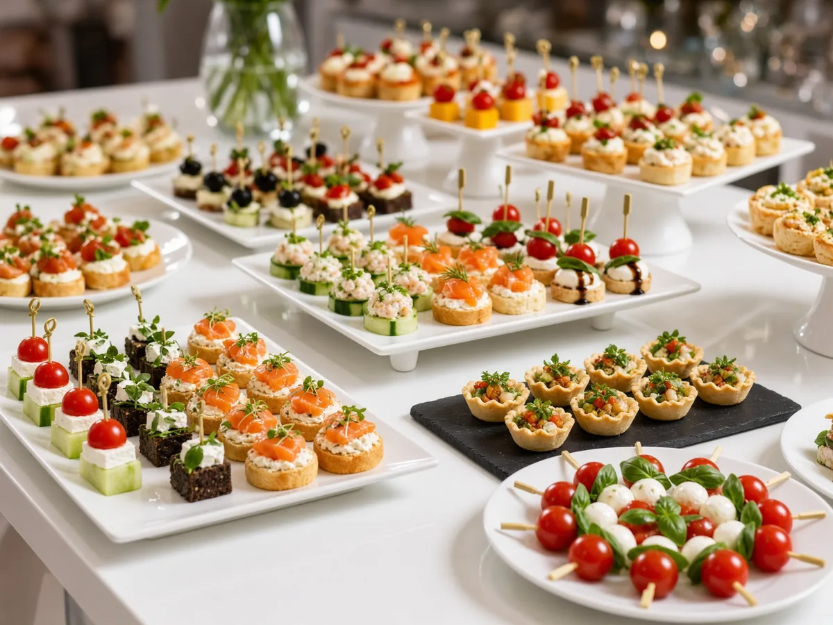 Овощные канапе, закуски в стаканчиках и тарталетки на белых прямоугольных подносах